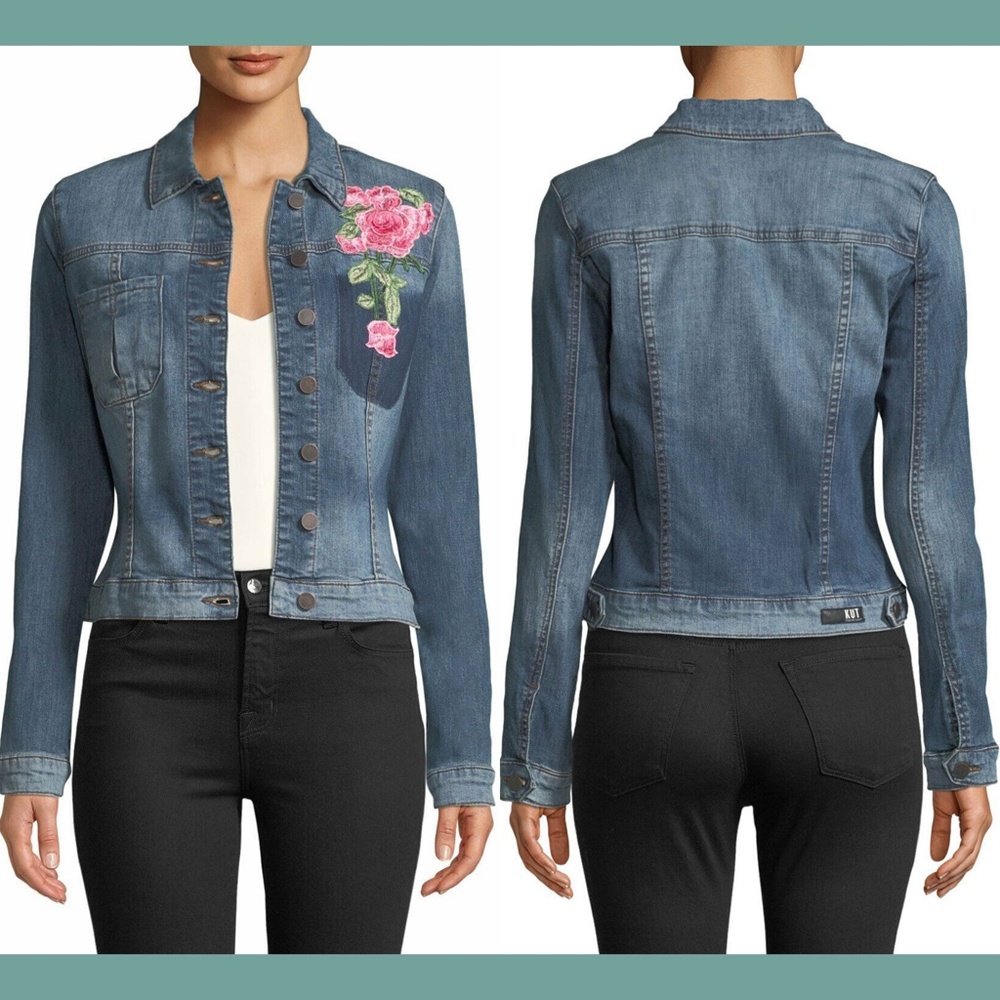 NWT! Kut from the Kloth Juko Denim Jacket‎ Flower Embroidery [ SZ Medium ]
